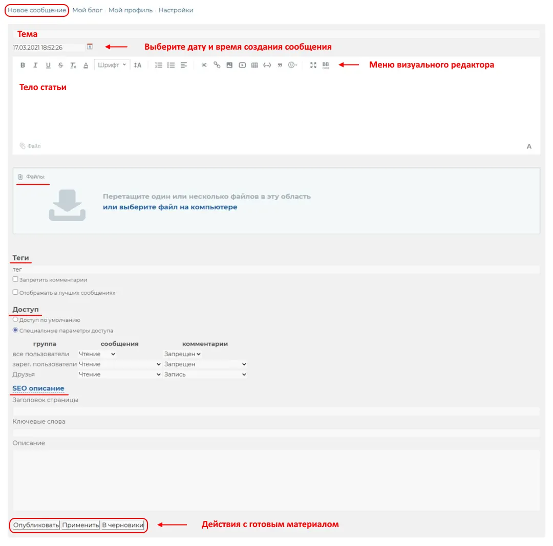 Форма создания сообщения - Блог